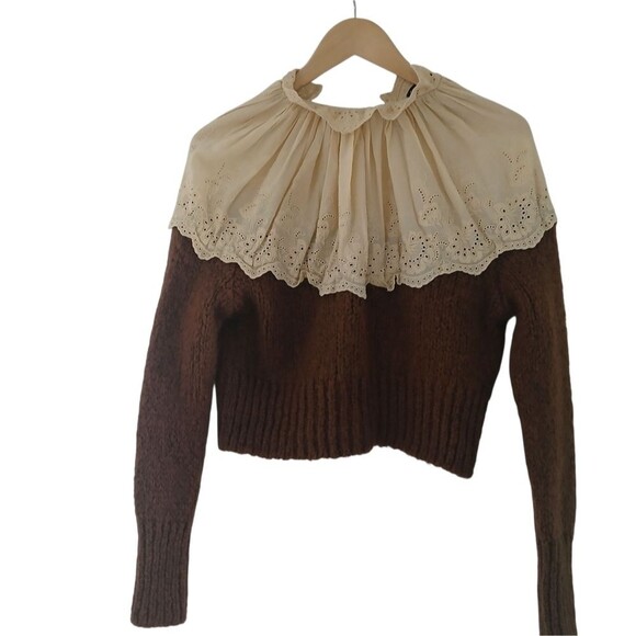 Zara Contrast Knit Cropped Sweater Long Neck Eyelet Peasant Boho Hippie Farmcore - Picture 1 of 11